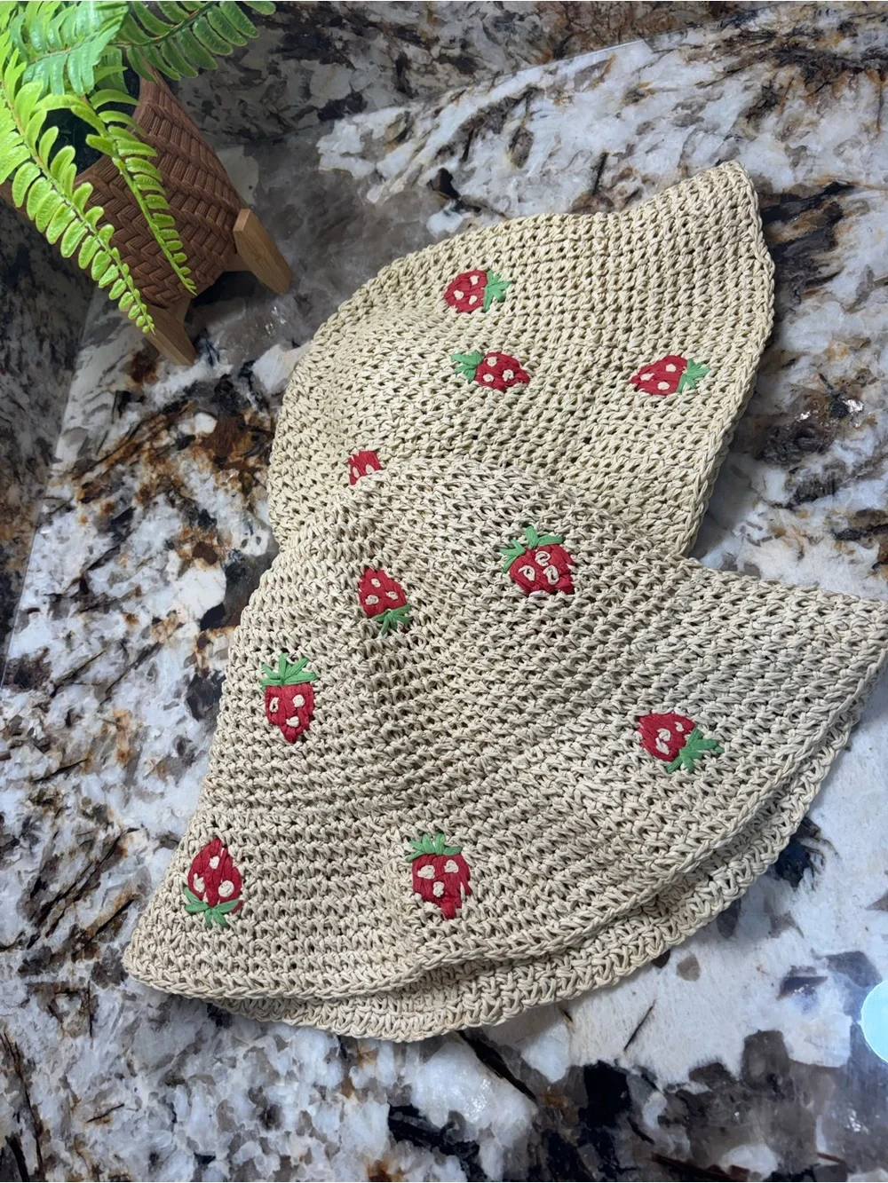 🍓 Straw Knit Bucket Hat with Red Strawberry Embroidery 🍓